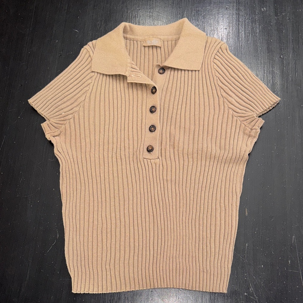 john galt for brandy melville short sleeve ribbed collared shirt one size brown
